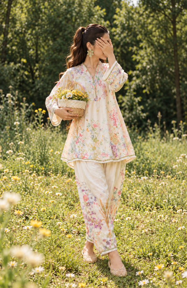 Fairy Meadous Printed Cotton Stitched 2 Piece Co-ord Set - AKFM-02 - AM26MED - Off White - Casual Collection