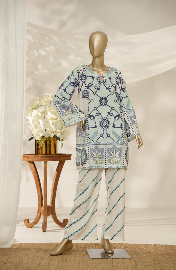 Fayon Prints by Amna Khadija Printed Poly Swiss Stitched Co ords Suit - FP-02 - AM25FYOP - White Blue - Casual Collection