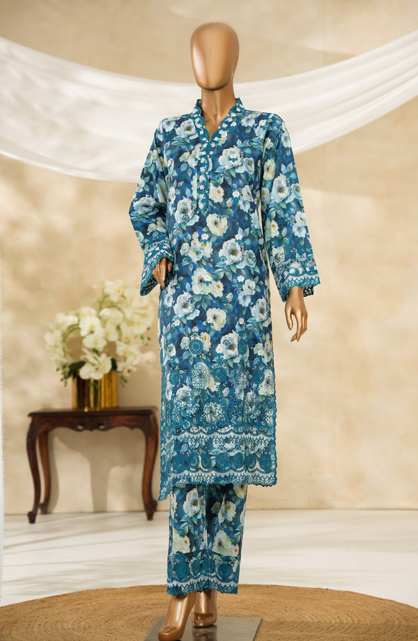 Floral Hours by Amna Khadija Digital Print & Embroidered Chikankari Cotton Stitched 2 Piece Suit - FHEC-07 - AM25FLRH - Blue - Casual Collection