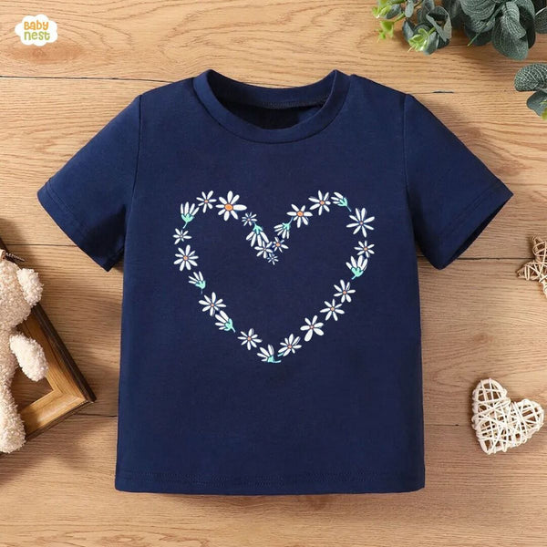 Baby Nest T-Shirts For Kids Flowers Heart Half Sleeves T-shirt For Kids - Navy Blue - SBT-339