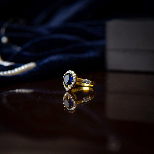 YKL Jewellers Ring Collection GOLD PLATED DIAMOND STYLE BLUE SAPPHIRE RING