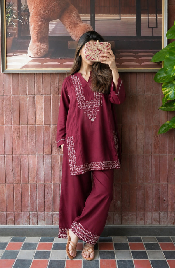 Gul Tanka Embroidered Cotton Stitched 2 Piece Co-ord Set - GT-01 - GTNK26 - Maroon - Summer Collection