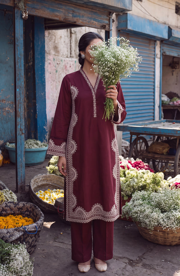 Gul e Jana Embroidered Cotton Stitched 2 Piece Co-ord Set - GJ-01 - GLJ26 - Maroon - Summer Collection