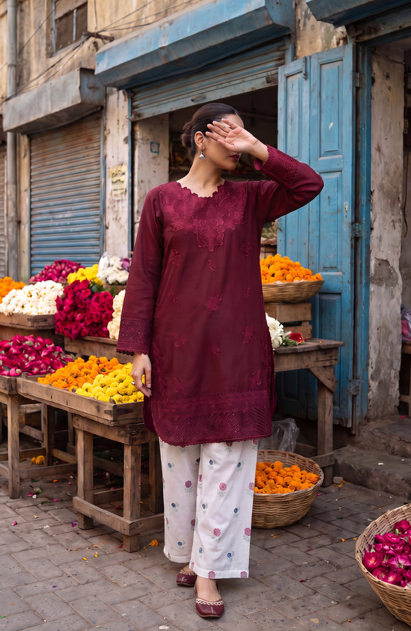 Gul e Jana Embroidered Cotton Stitched 2 Piece Co-ord Set - GJ-03 - GLJ26 - Maroon - Summer Collection