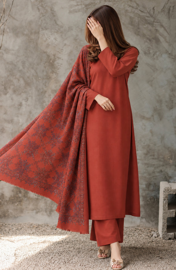 Gulposh Dyed Pashmina Unstitched 3 Piece Suit - AKG-03 - AM26GLP - Red - Winter Collection