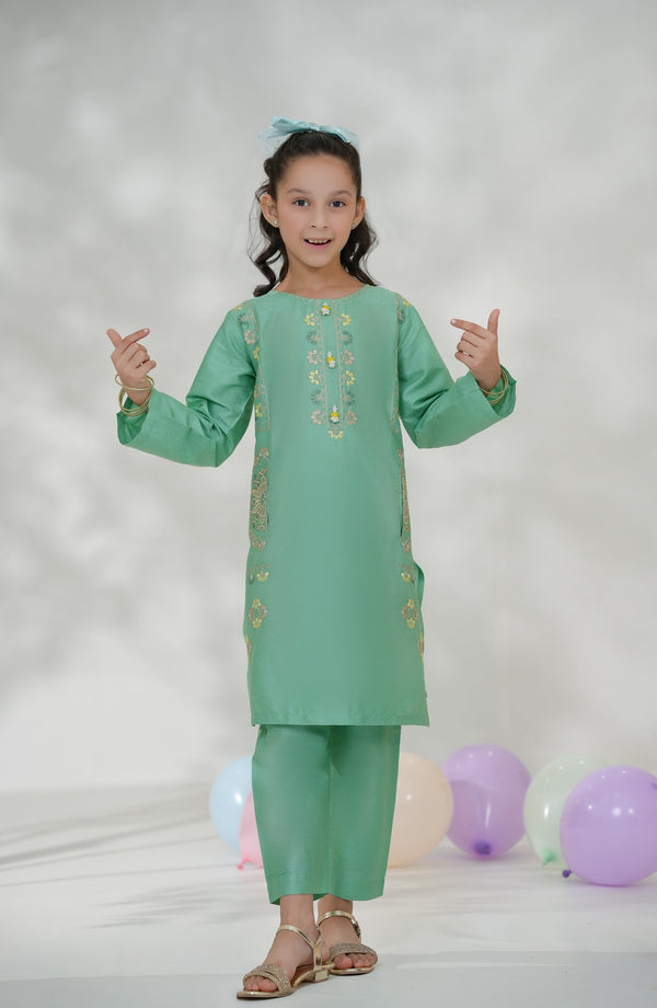 Souffle Guriya by Amna Khadija Embroidered Cotton Stitched 2 Piece Suit - SGF-17 - AM25SOFG - Green - Summer Girls Collection