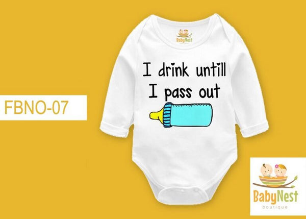 Rompers By Baby Nest I DRINK UNTIL I PASS OUT– (White) RBT FBNO-07-Full Sleeves Onesie