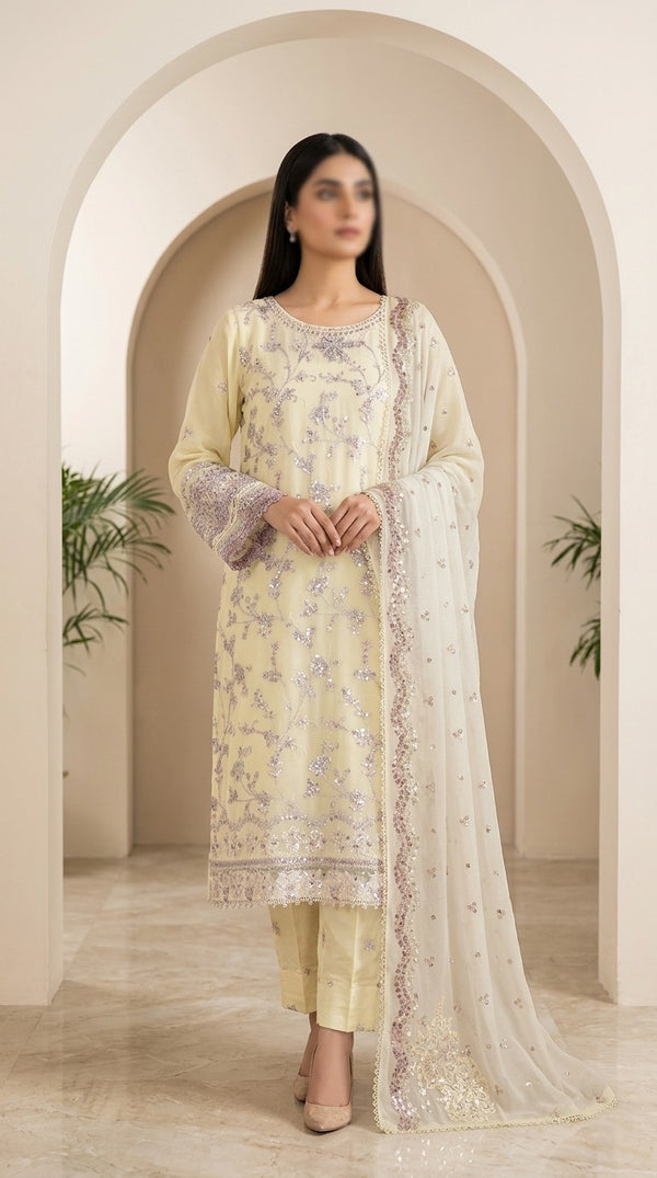 Amna Khadija Neroli Embroidered Chiffon Stitched 3 Piece Suit - AKPNC-05 - AKP26NARL - Lemon - Festive Collection