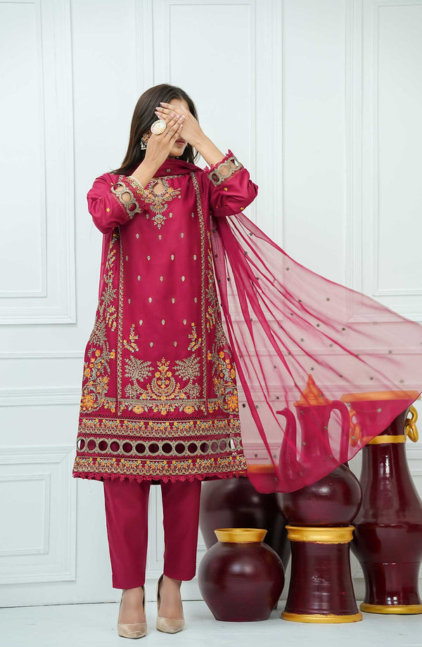 Kastoor Luxury Embroidered Cotton 3 Piece Shocking Pink-D-01 - Drop II