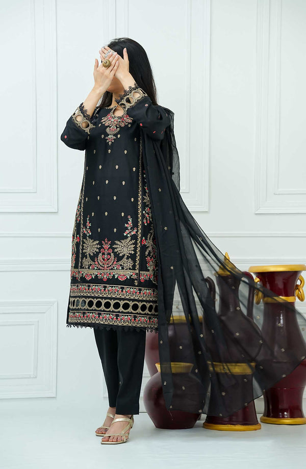 Kastoor Luxury Embroidered Cotton 3 Piece Black-D-02 - Drop II