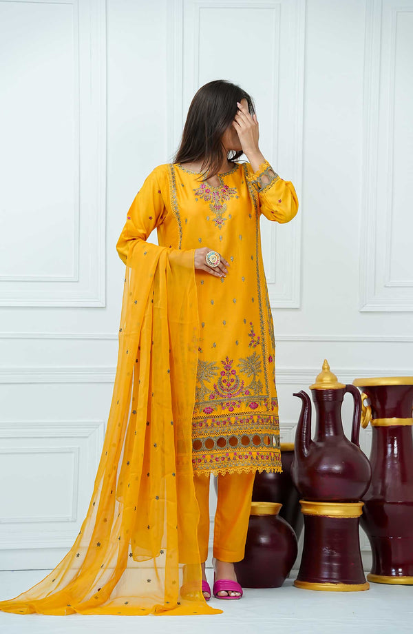 Kastoor Luxury Embroidered Cotton 3 Piece Yellow-D-03 - Drop II