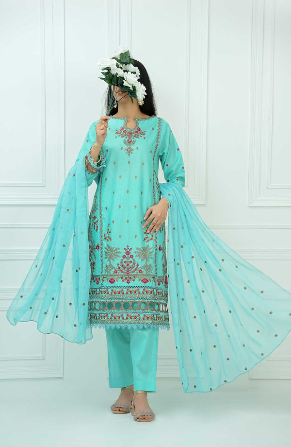 Kastoor Luxury Embroidered Cotton 3 Piece Sea Green-D-04 - Drop II