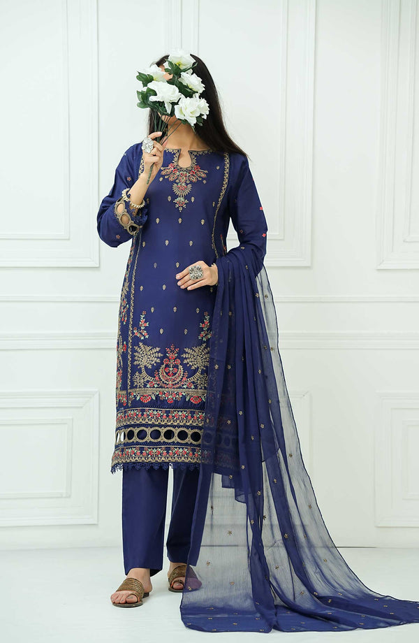 Kastoor Luxury Embroidered Cotton 3 Piece Blue-D-06 - Drop II