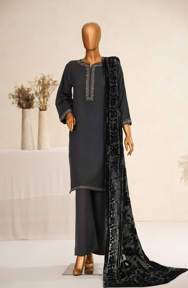 Maniya Velvet by Amna Khadija Embroidered Zari Self Dhanak Stitched 3 Piece Suit - MVSOW-09 - AM25MVSOW - Grey - Winter Collection