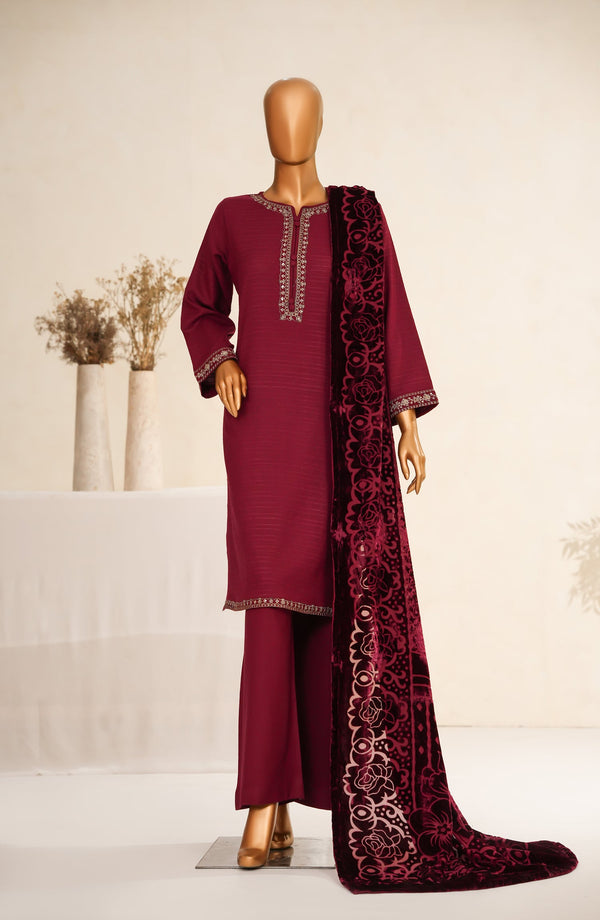 Maniya Velvet by Amna Khadija Embroidered Zari Self Dhanak Stitched 3 Piece Suit - MVSOW-08 - AM25MVSOW - Red - Winter Collection