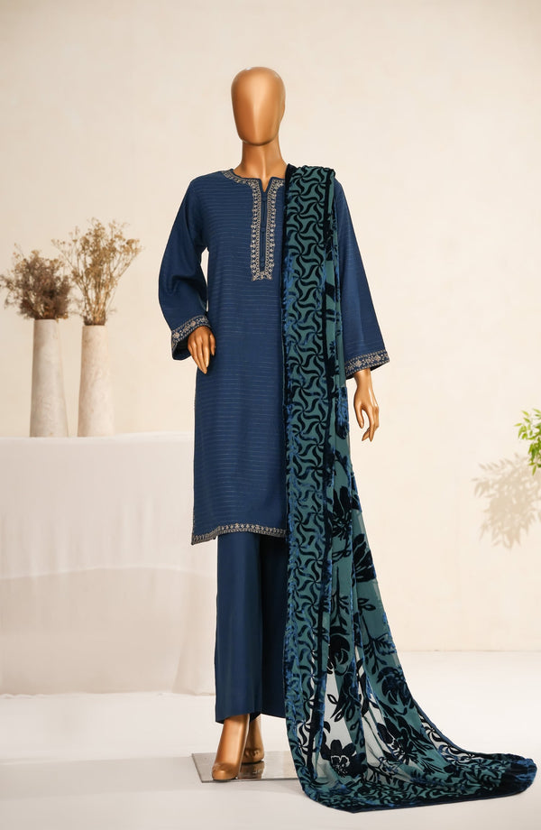 Maniya Velvet by Amna Khadija Embroidered Zari Self Dhanak Stitched 3 Piece Suit - MVSOW-07 - AM25MVSOW - Blue - Winter Collection
