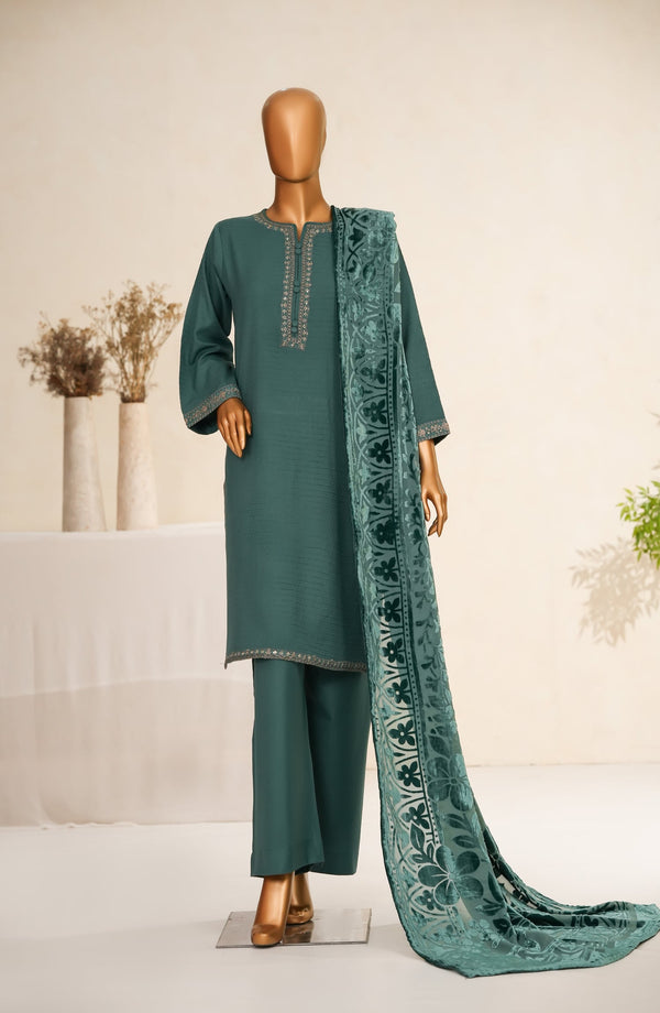 Maniya Velvet by Amna Khadija Embroidered Zari Self Dhanak Stitched 3 Piece Suit - MVSOW-06 - AM25MVSOW - Green - Winter Collection