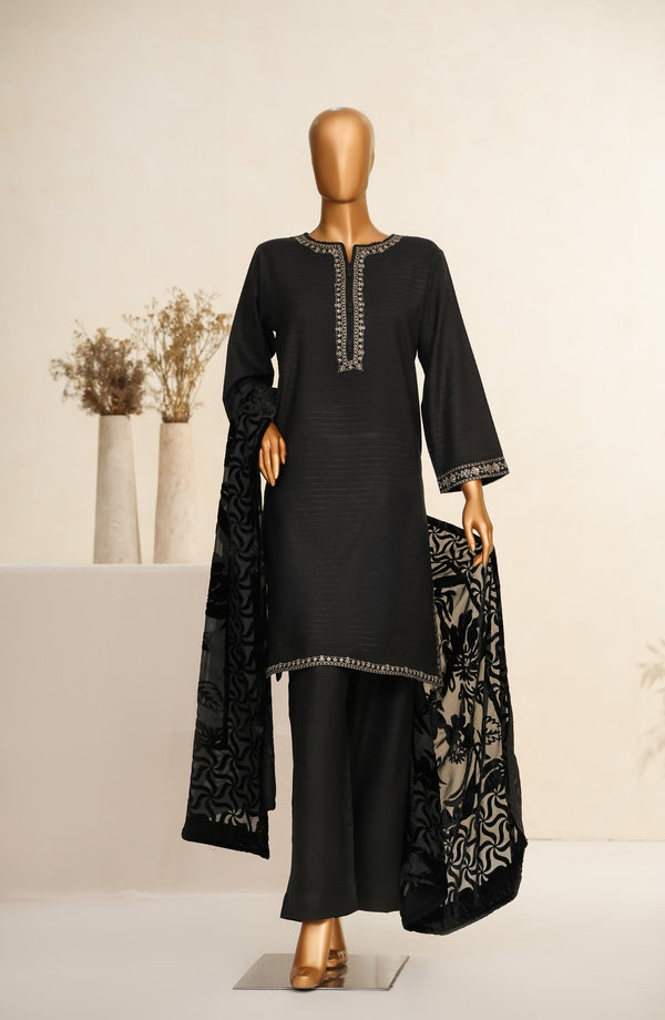 Maniya Velvet by Amna Khadija Embroidered Zari Self Dhanak Stitched 3 Piece Suit - MVSOW-05 - AM25MVSOW - Black - Winter Collection