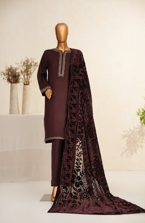Maniya Velvet by Amna Khadija Embroidered Zari Self Dhanak Stitched 3 Piece Suit - MVSOW-04 - AM25MVSOW - Maroon - Winter Collection