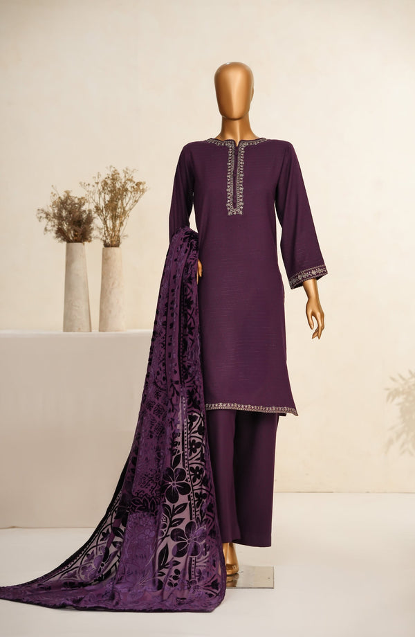 Maniya Velvet by Amna Khadija Embroidered Zari Self Dhanak Stitched 3 Piece Suit - MVSOW-03 - AM25MVSOW - Purple - Winter Collection