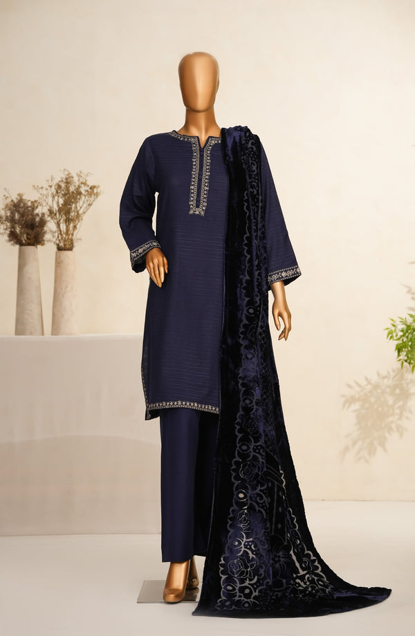 Maniya Velvet by Amna Khadija Embroidered Zari Self Dhanak Stitched 3 Piece Suit - MVSOW-01 - AM25MVSOW - Blue - Winter Collection