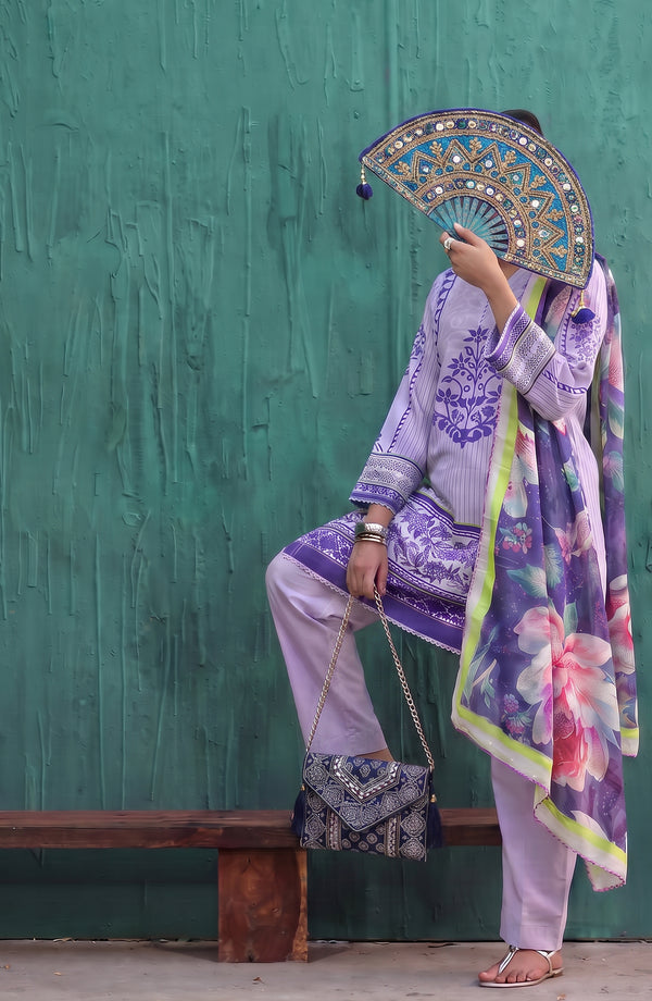 Mehar Embroidered Cotton Stitched 3 Piece Suit - MHER-01 - MHER26 - Purple - Summer Collection
