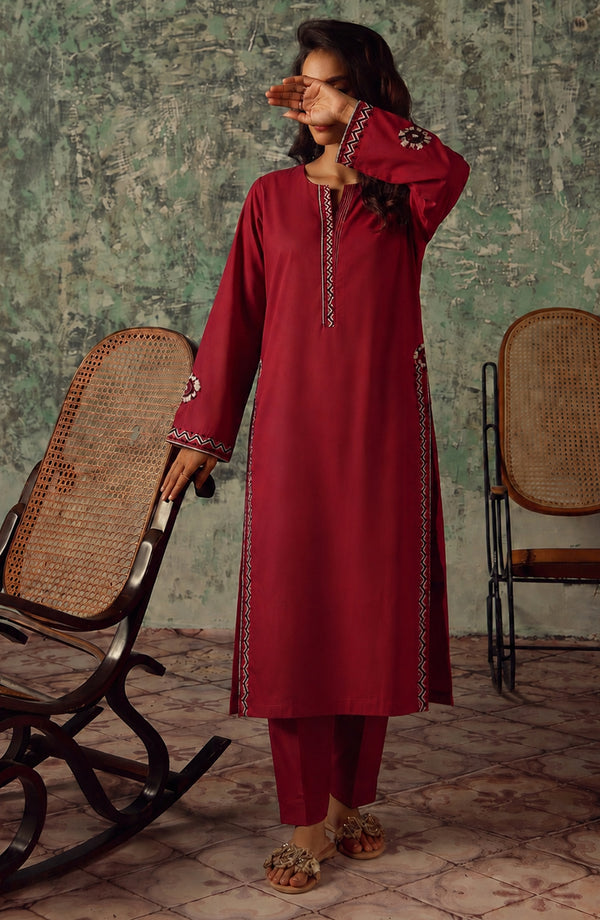 Miras Embroidered Cotton Stitched 2 Piece Co-ord Set - MRAS-02 - MRAS26 - Red - Summer Collection