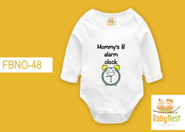 Rompers By Baby Nest Mommy Little Alarm Clock rbt white FBNO-48 Full Sleeves Onesie