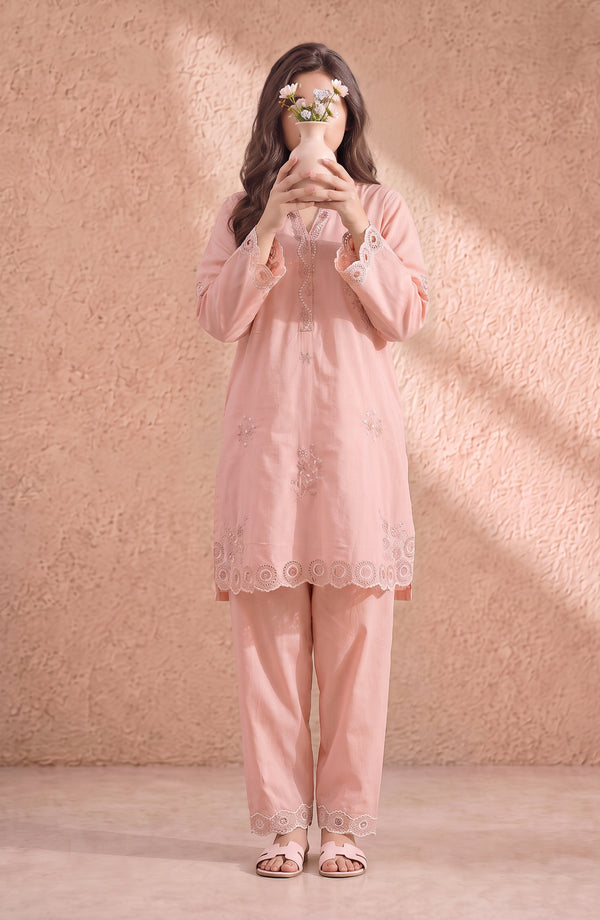 Mulaqaat Embroidered Cotton Cambric Stitched 2 Piece Co-ord Set - MULQ-02 - MULQ26 - Pink - Summer Collection