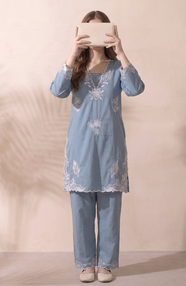 Mulaqaat Embroidered Cotton Cambric Stitched 2 Piece Co-ord Set - MULQ-03 - MULQ26 - Blue - Summer Collection