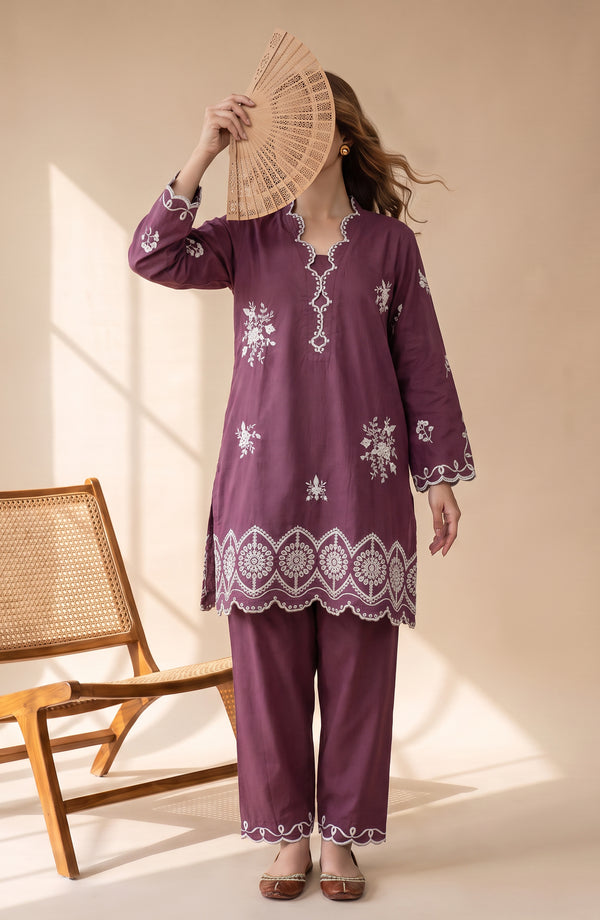 Mulaqaat Embroidered Cotton Cambric Stitched 2 Piece Co-ord Set - MULQ-04 - MULQ26 - Maroon - Summer Collection