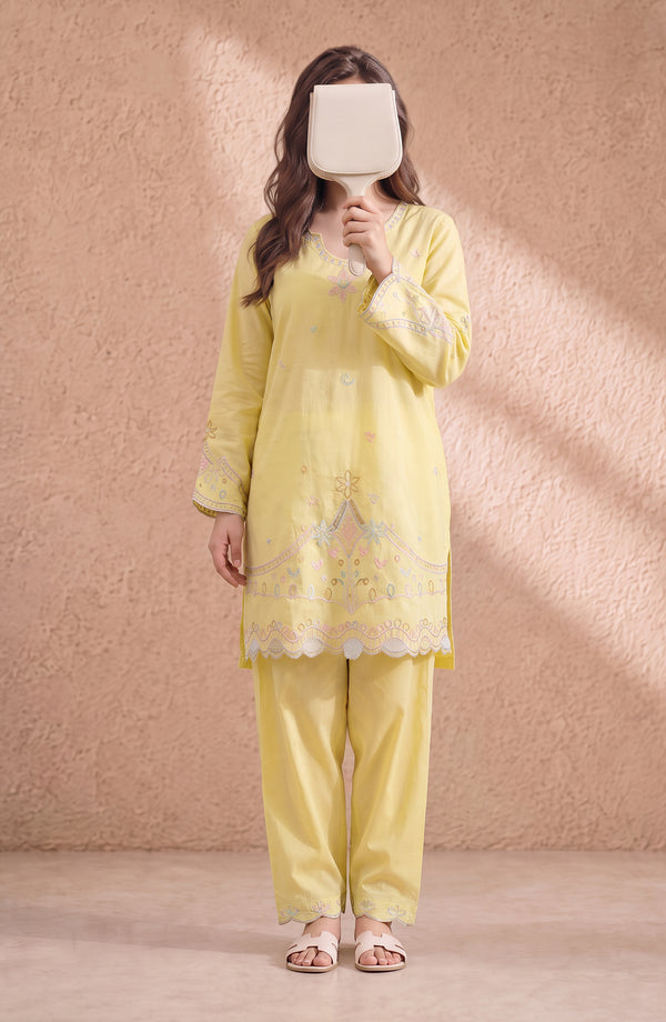 Mulaqaat Embroidered Cotton Cambric Stitched 2 Piece Co-ord Set - MULQ-05 - MULQ26 - Yellow - Summer Collection
