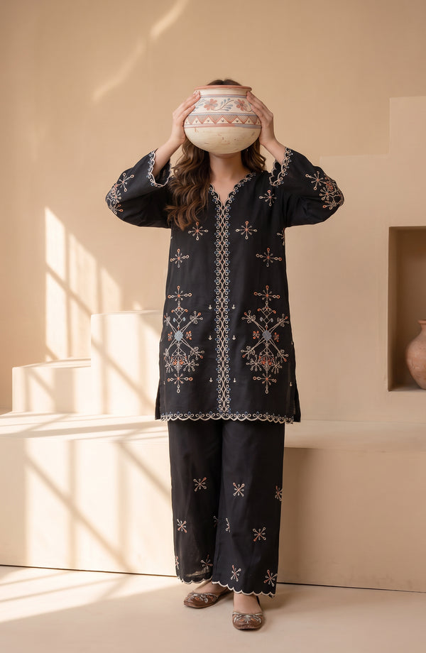 Mulaqaat Embroidered Cotton Cambric Stitched 2 Piece Co-ord Set - MULQ-06 - MULQ26 - Black - Summer Collection