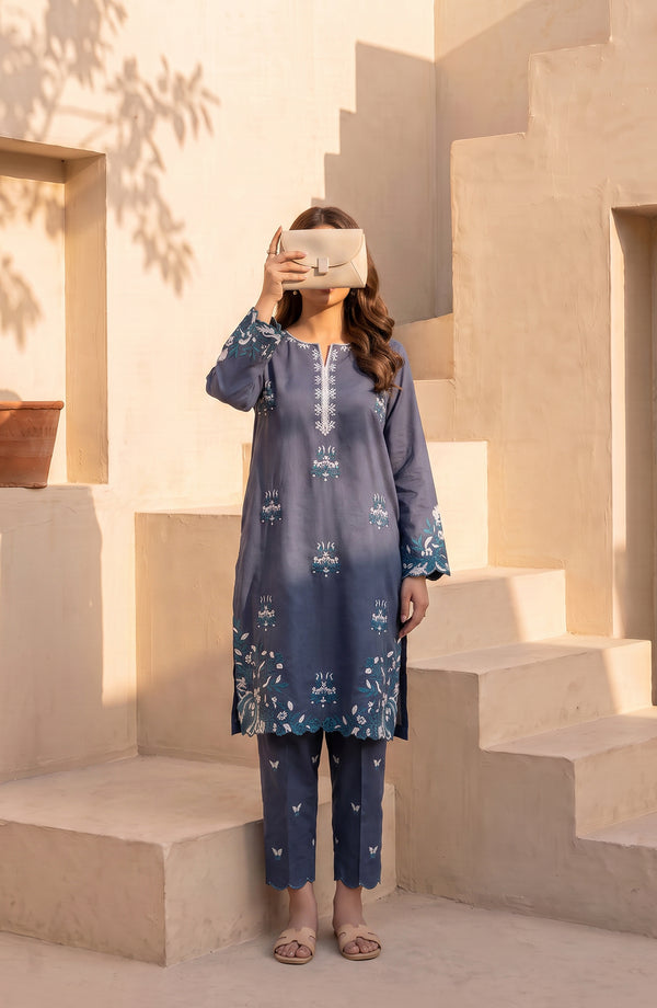 Mulaqaat Embroidered Cotton Cambric Stitched 2 Piece Co-ord Set - MULQ-07 - MULQ26 - Blue - Summer Collection