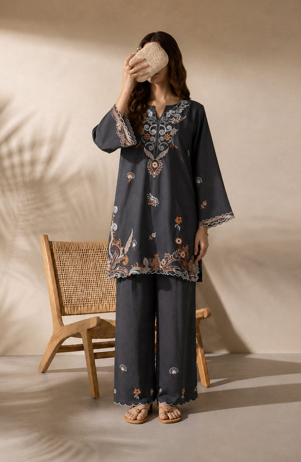 Mulaqaat Embroidered Cotton Cambric Stitched 2 Piece Co-ord Set - MULQ-08 - MULQ26 - Black - Summer Collection