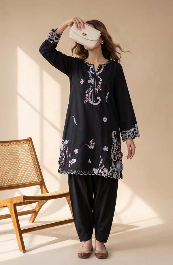 Mulaqaat Embroidered Cotton Cambric Stitched 2 Piece Co-ord Set - MULQ-09 - MULQ26 - Black - Summer Collection