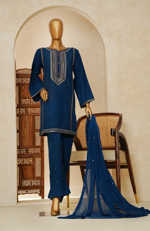 Nazakat Noir by Amna Khadija Embroidered Cotton Cambric Stitched 3 Piece Suit - D -01 - Blue
