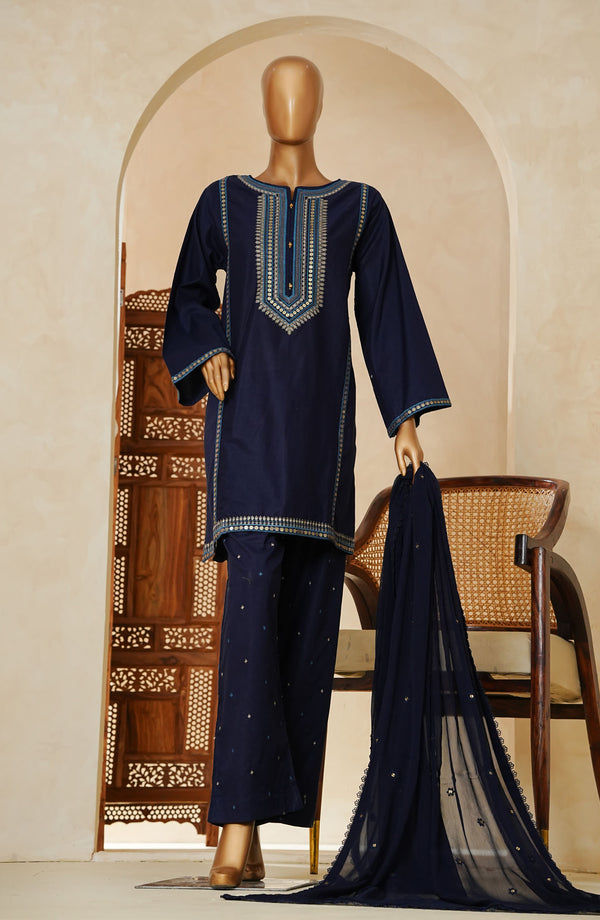 Nazakat Noir by Amna Khadija Embroidered Cotton Cambric Stitched 3 Piece Suit - D -03 - Dark Blue