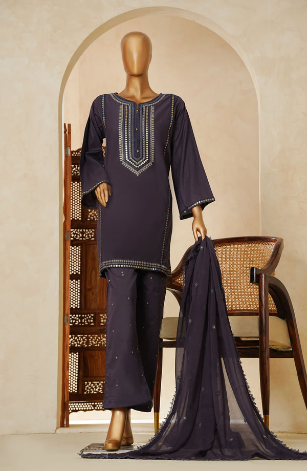 Nazakat Noir by Amna Khadija Embroidered Cotton Cambric Stitched 3 Piece Suit - D -04 - Purple