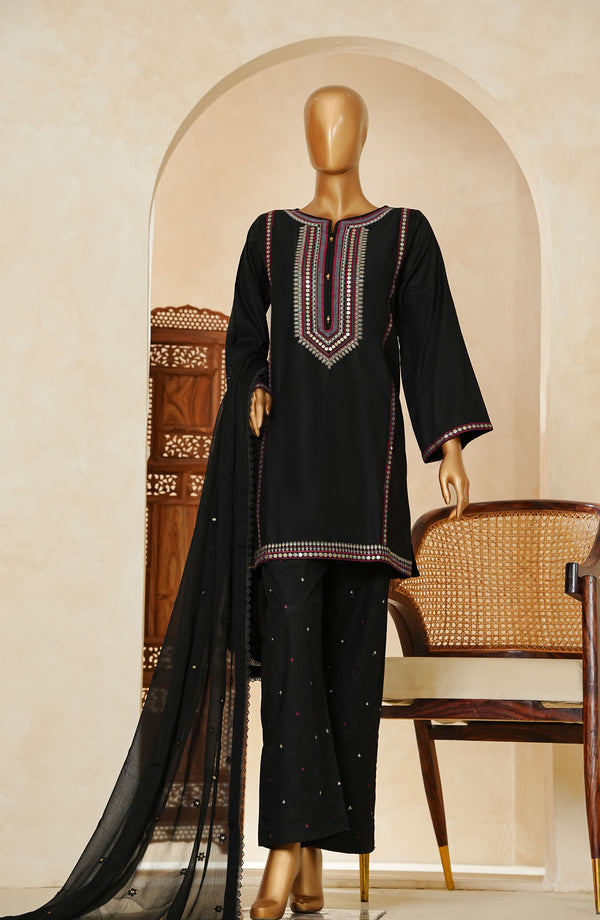 Nazakat Noir by Amna Khadija Embroidered Cotton Cambric Stitched 3 Piece Suit - D -05 - Black