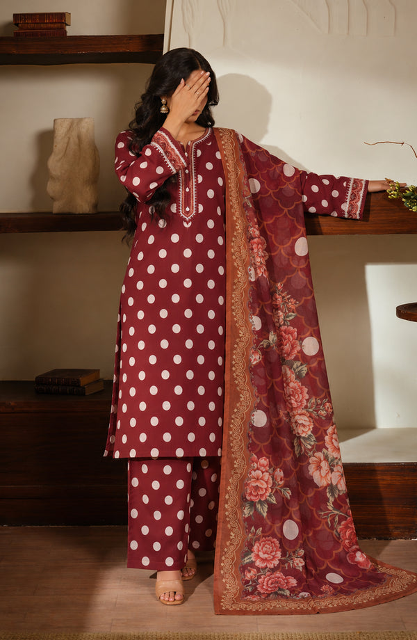 Narmin Embroidered Lawn Stitched 3 Piece Suit - AKN-02 - AM26NMN - Maroon - Summer Collection