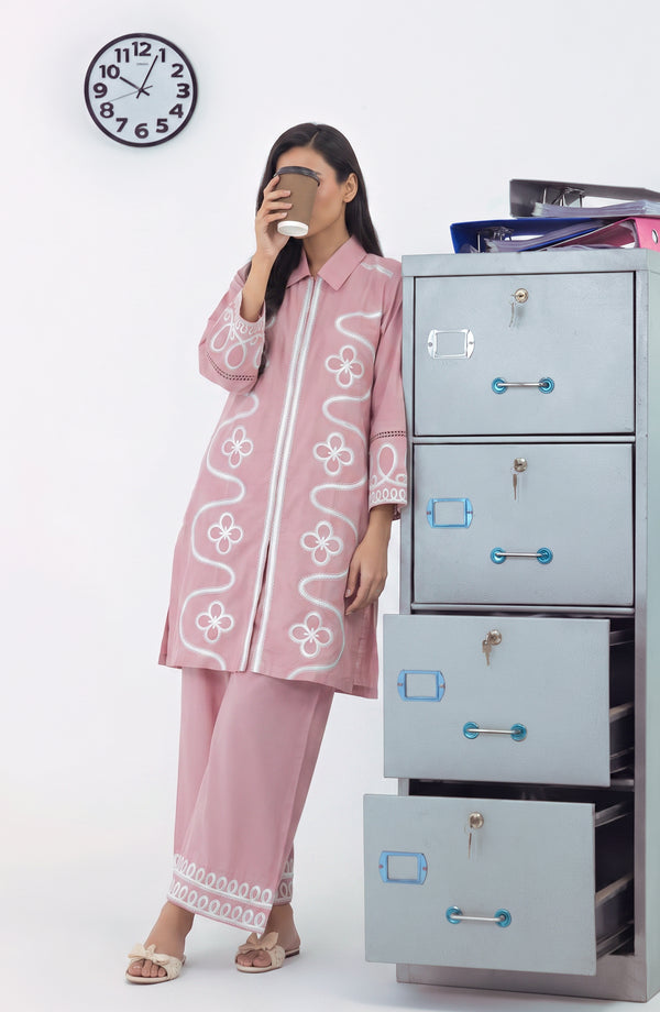 Naylaa Embroidered Cotton Stitched 2 Piece Co-ord Set - NYLA-01 - NYLA26 - Pink - Summer Collection