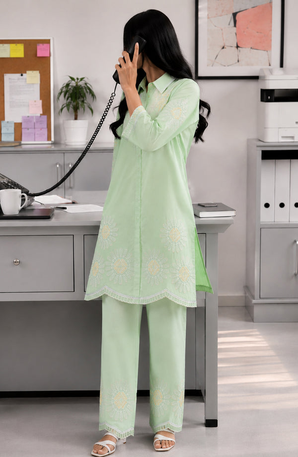 Naylaa Embroidered Cotton Stitched 2 Piece Co-ord Set - NYLA-05 - NYLA26 - Green - Summer Collection
