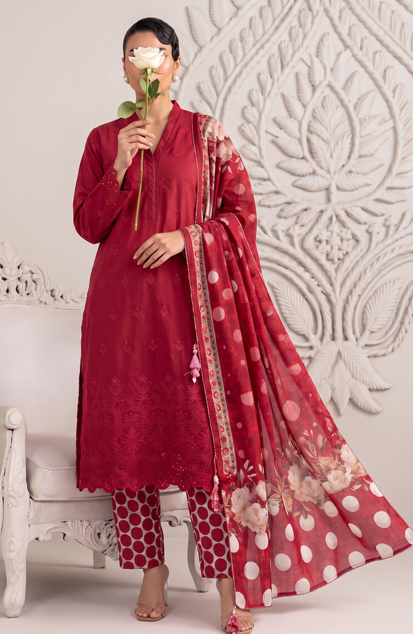 Neesha Embroidered Cotton Stitched 3 Piece Suit - NSHA-01 - NSHA26 - Red - Summer Collection