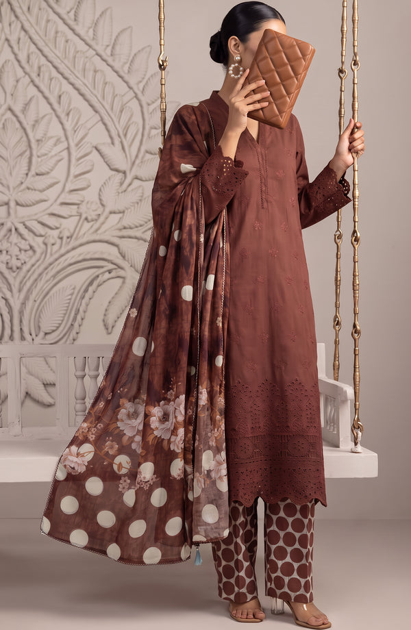 Neesha Embroidered Cotton Stitched 3 Piece Suit - NSHA-02 - NSHA26 - Brown - Summer Collection