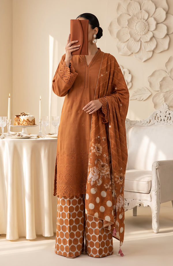 Neesha Embroidered Cotton Stitched 3 Piece Suit - NSHA-04 - NSHA26 - Rust - Summer Collection
