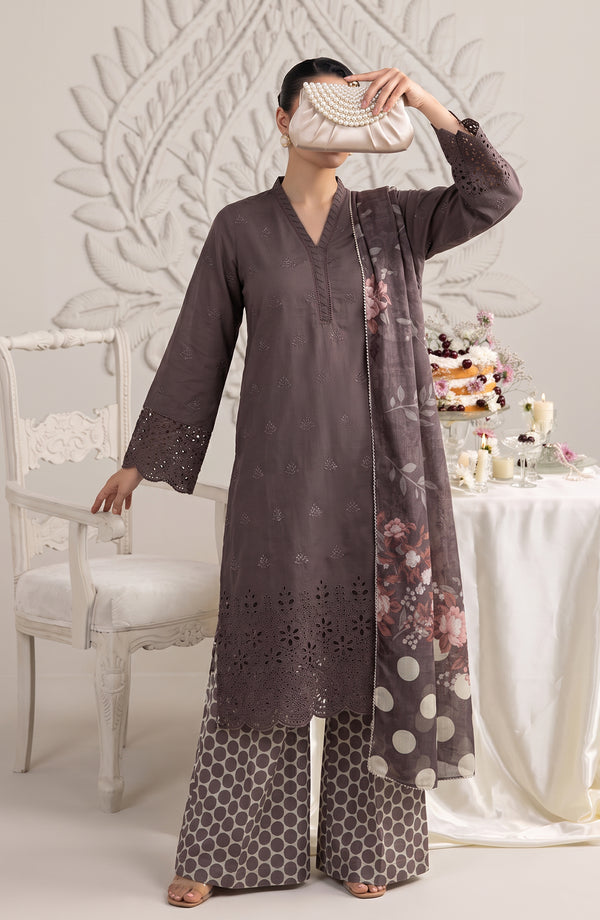 Neesha Embroidered Cotton Stitched 3 Piece Suit - NSHA-05 - NSHA26 - Grey - Summer Collection