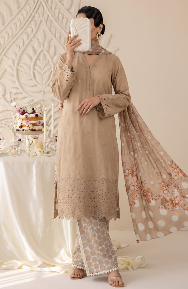 Neesha Embroidered Cotton Stitched 3 Piece Suit - NSHA-06 - NSHA26 - Beige - Summer Collection