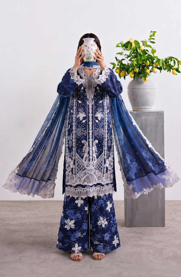 Noora Embroidered Cambric Stitched 3 Piece Suit - PNORA-01 - NORA26 - Blue - Summer Collection