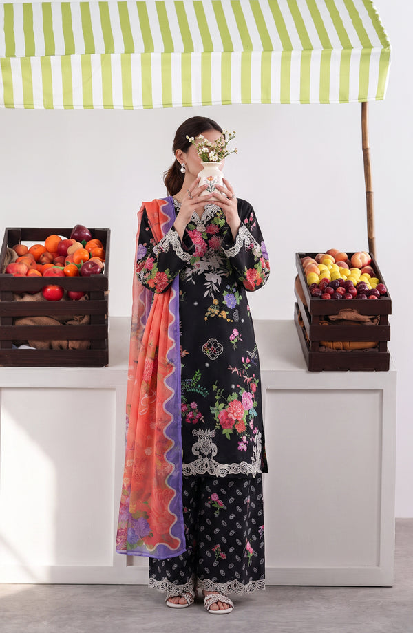 Noora Embroidered Cambric Stitched 3 Piece Suit - PNORA-02 - NORA26 - Black - Summer Collection